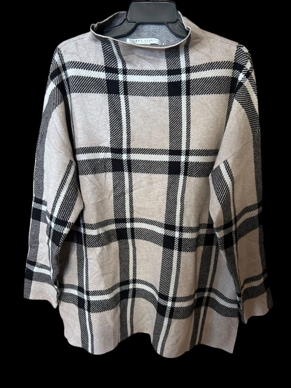 Max Studio Woman Tan Black Plaid Mock Neck Oversized Soft Sweater Sz 1X